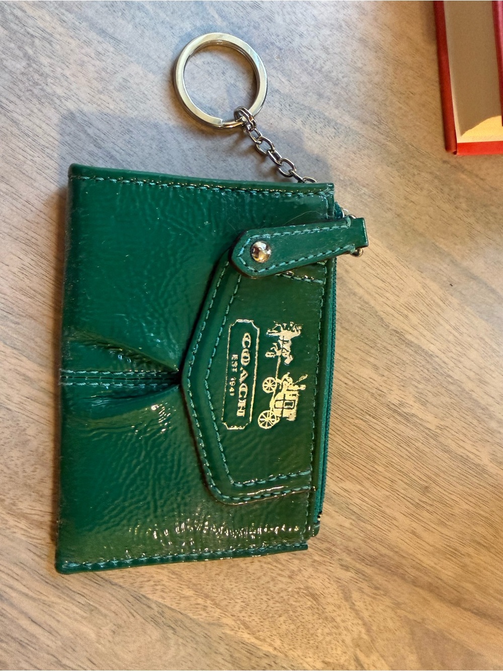 Coach Green Patent Leather Card Case Keychain Mini Skinny Jade/Silver 43239